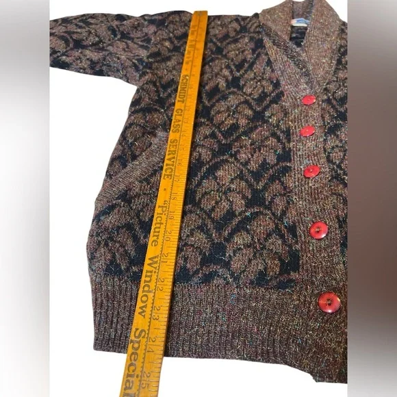 Vintage Metallic Eyelash Knit Cardigan WK Lung Kong Co Red Button Shawl Collar - Picture 9 of 11